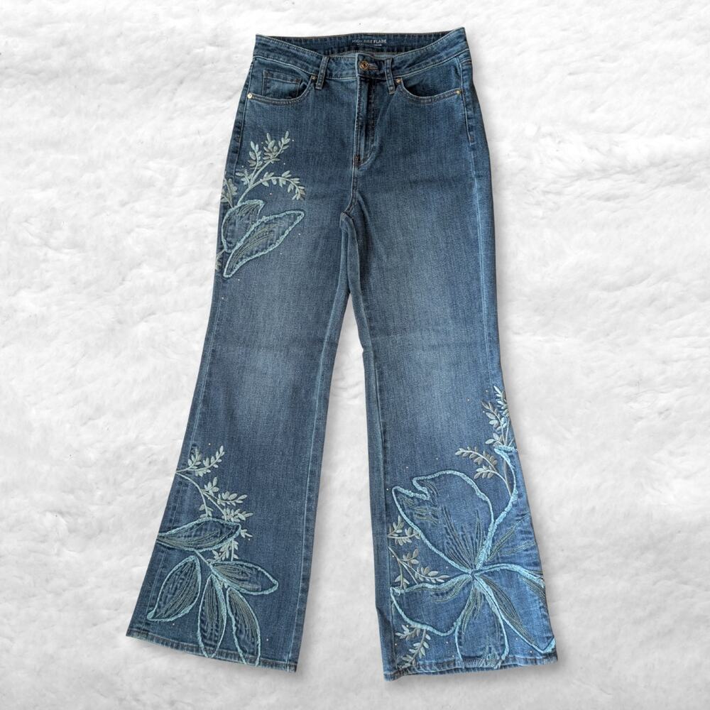chico's floral appliqué flare jeans embroidered high rise denim - Picture 1 of 4